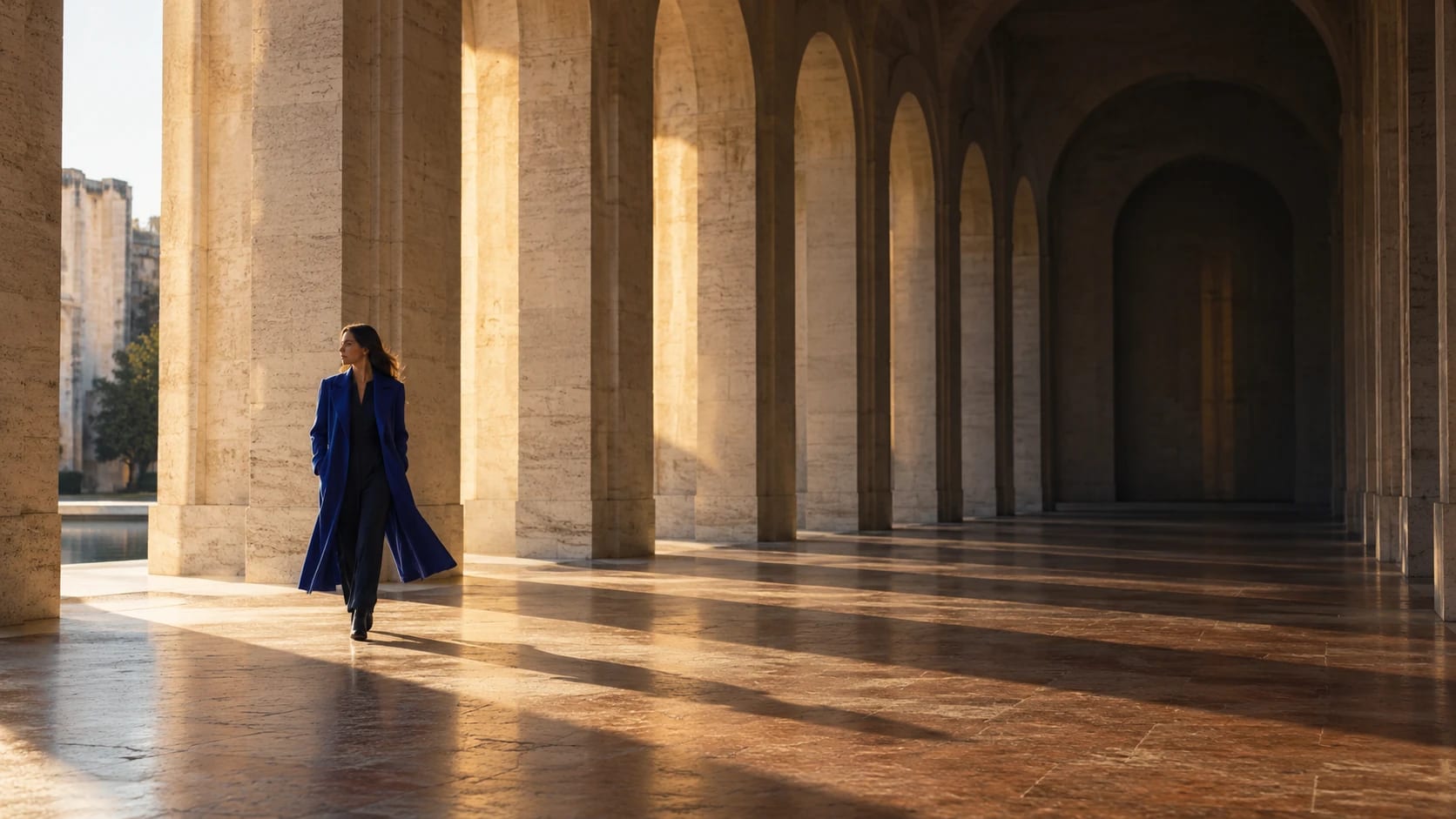 Search example: a blue-coated figure in a sunlit arcade resolves to arcade_walk_06.mov at 00:36 to 00:48.