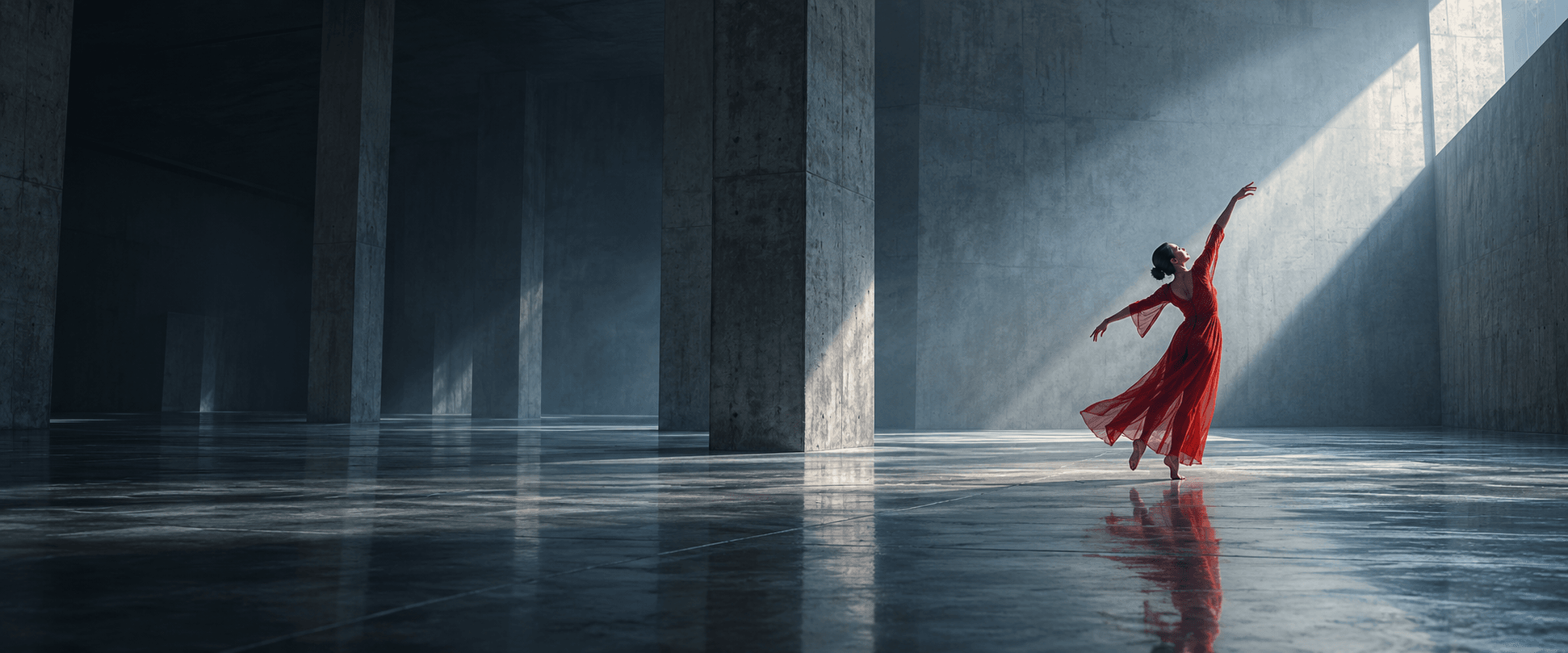 Recording of a dancer in red in a monumental hall