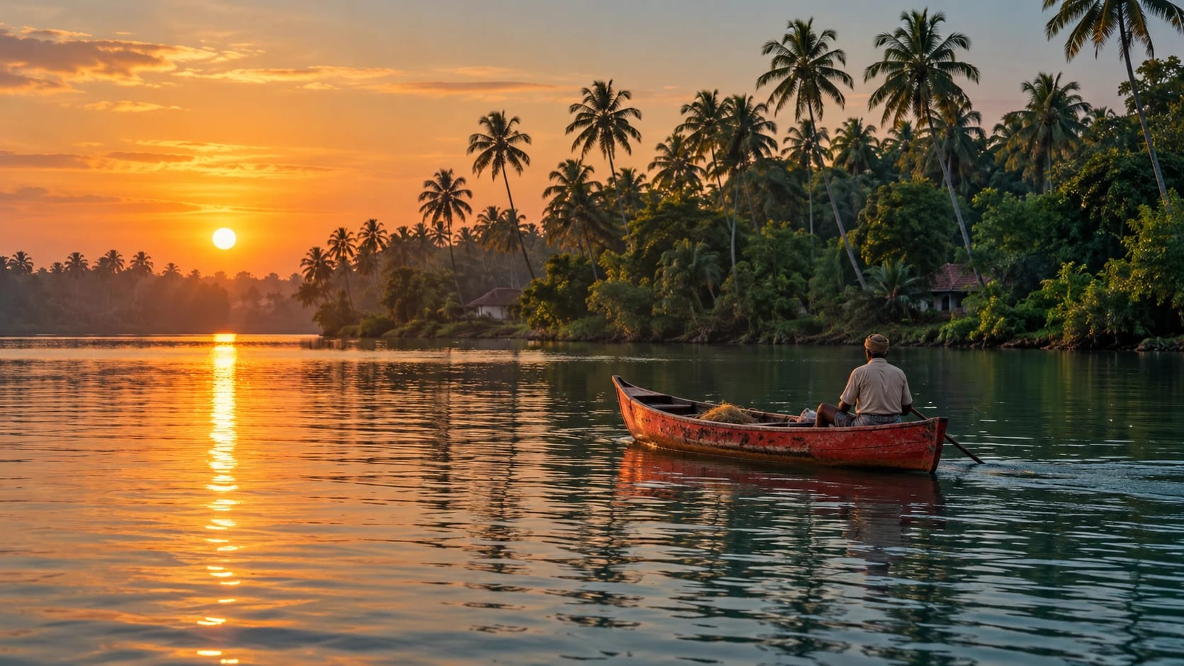 Red boat on Kerala backwaters at sunset