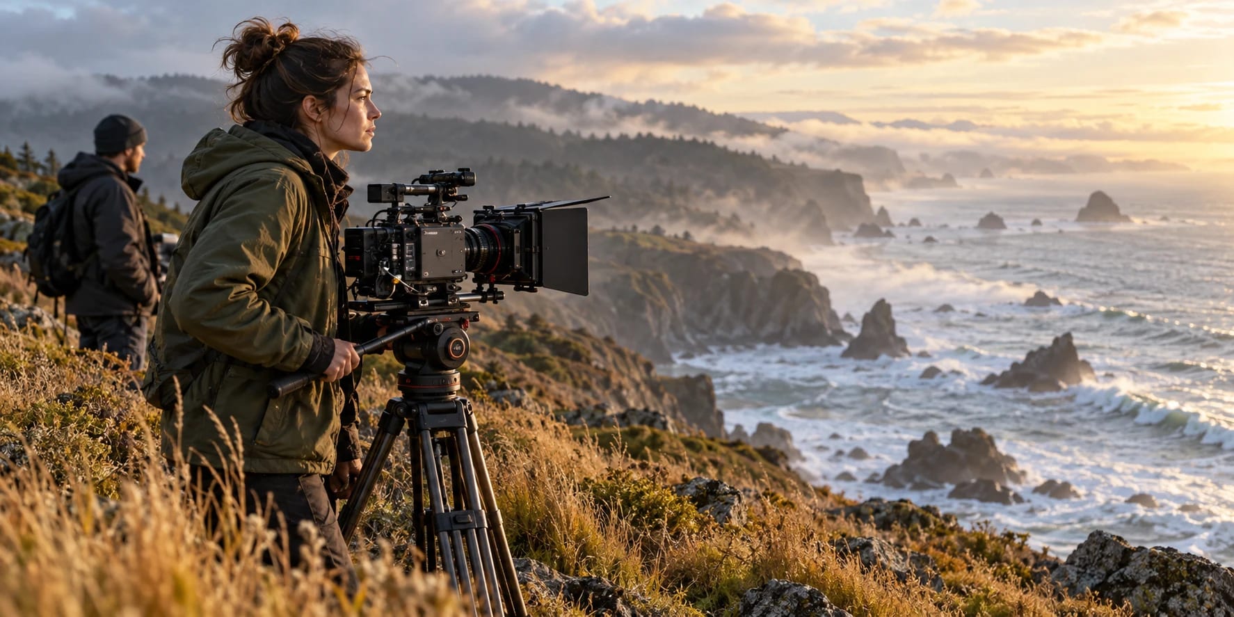 Independent film crew working on a coastal headland